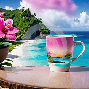 mug with coffee on table with pink tropical island in the background of