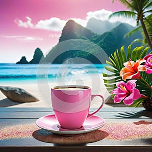 mug with coffee on table with pink tropical island in the background of