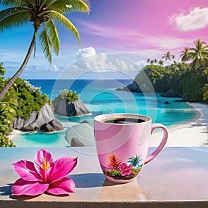 mug with coffee on table with pink tropical island in the background of