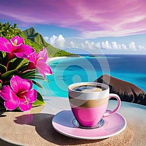 mug with coffee on table with pink tropical island in the background of