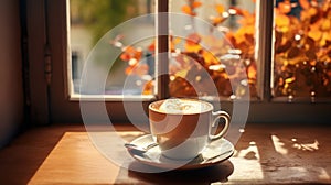A mug of coffee on a windowsill with autumn sunshine