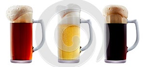 Mug collection of frosty beer with foam
