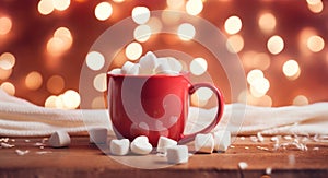 an mug containing red hot cocoa and mini marshmallows