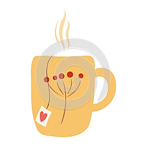 Mug cup with rising steam, tea bag label hand drawn cartoon illustration.