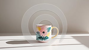 The mug is decorated with a floral design with a flower at the center and leafy surrounding it. photo