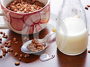 Mug filled chocolate cereals breakfast closeup