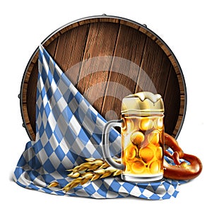 A mug with foamy beer and pretzels against the background of a wooden barrel . Very detailed illustration