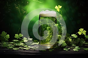 A mug of foamy green beer on a wooden table surrounded by clover leaves on a green background. Traditional alcoholic Irish drink