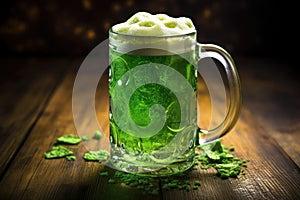 A mug of foamy green beer on a wooden table. Traditional hop flavor. St. Patrick\'s Day celebration