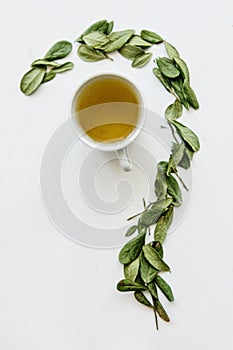 A mug of fragrant and useful herbal tea. A dried herb is lying next to it for cooking