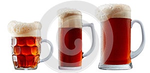 Mug of frosty dark red beer with foam