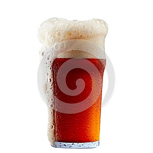 Mug of frosty dark red beer with foam