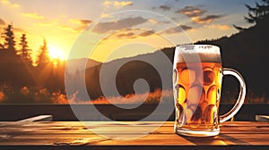 A mug full of beer and foam on a wooden table against a background of sunset scene in the mountains.