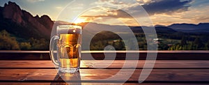 A mug full of beer and foam on a wooden table against a background of sunset scene in the mountains. Wide panoramic view.