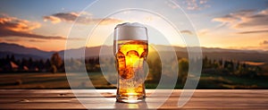 A mug full of beer and foam on a wooden table against a panoramic background of sunset scene in the mountains.