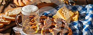 a mug of German beer and soft pretzels and cheese on a table with a checkered blue tablecloth at Oktoberfest. Selective