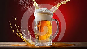 Mug of golden beer with foam and splashes, levitating. Alcoholic beverage. Red background