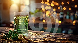 Mug of green beer, gold coins and clover leaves on the counter of an Irish pub on St. Patrick\'s Day