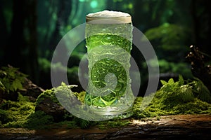 Mug of green beer on a table surrounded by moss, St Patrickâ€™s Day holiday concept, ai generated