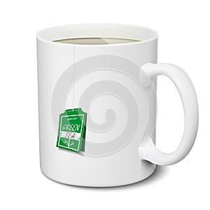 Mug of green tea. White mug realistic isolated 3D mockup on white background. Green tea for Your business project. Vector