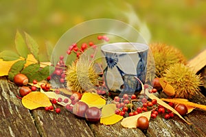 Mug of green tea on wooden table.