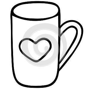 Mug with a heart. Vector illustration. Outline on an isolated background. Doodle style. Sketch Love mug design. 