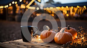 Mug of hot apple cider, hot chocolate or coffee on picnic table at an outdoor fall decorated party