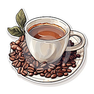 Mug of hot chocolate with cocoa beans and leaves on a white background. Generated by AI