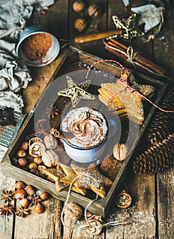 Mug of hot chocolate, gingerbread cookies, nuts in wooden tray