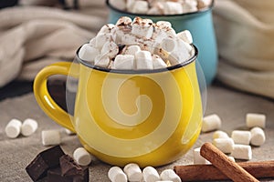 Mug of hot chocolate with marshmallow on top on the background of chocolate and cinnamon. Cozy winter composition