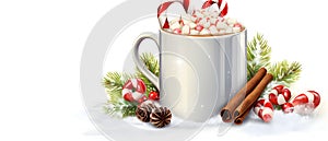 A mug of hot chocolate with marshmallows and candy canes