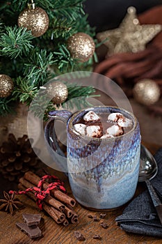 Mug of hot chocolate and marshmallows with Christmas decorations