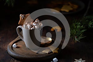 A mug with hot chocolate and marshmallows on a wooden tray on the table, dark photo
