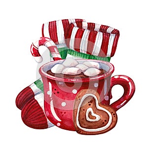 Mug of hot chocolate, socks and christmas sweets