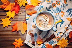 a mug of hot chocolate surrounded by fall leaves