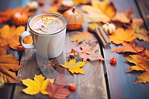 a mug of hot chocolate surrounded by fall leaves