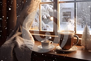 mug of hot coffee on the windowsill, Christmas, New Year holidays background.