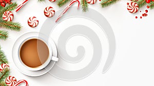 Mug of hot drink cocoa chocolate festive white background. New Year card template for winter holidays Christmas New Year