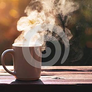 Mug of hot drink steams in sunlight on wooden table during Fall season. AI Image