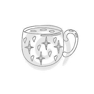 Mug for hot drinks simple outline vector illustration, coffee or tea cup doodle style line art image for menu