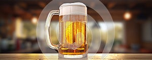 Mug or jar with gold beer on table. with dark background