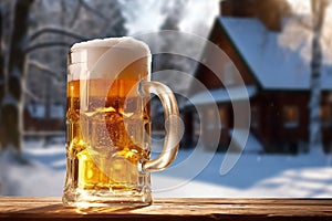 A mug of light beer with beer head, view of resort and pine trees with snow in winter, close up shot with copy space, no people,