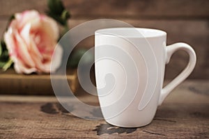 Mug Mockup. Coffee Cup Template. Coffee Mug Printing Design Template. White Mug Mockup, Old Book and Flower