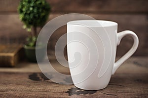 Mug Mockup. Coffee Cup Template. Coffee Mug Printing Design Template. White Mug Mockup, Old Book and Flower, Wooden Background