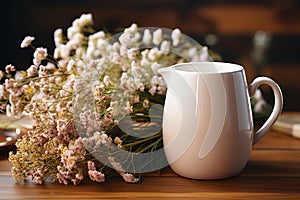 Mug mockup, white coffee mug, chamomile bouquet, rustic vase