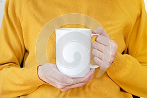 Mug mockup. Women`s hands holding mug with blank space for your text or promotional content
