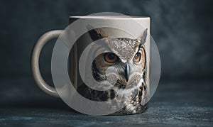 A mug with an owl on it sits on a table