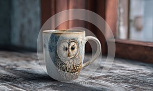 A mug with an owl on it sits on a table