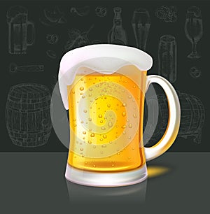 Mug of Refreshing Cold Beer on Background of Wall