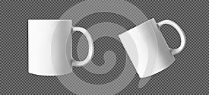 Mug set. Set of realistic white coffee mugs isolated on transparent background